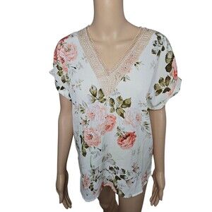 SHEIN women's medium floral thin chiffon short sleeve v-neck floral blouse